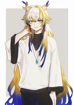 1girl :d absurdres aiv alternate_costume aqua_eyes arknights black_pants black_shirt blonde_hair blue_hair border casual commentary cowboy_shot dragon_girl dragon_horns earrings grey_background grin hair_between_eyes hair_intakes hand_on_own_neck highres horns jewelry long_hair long_sleeves looking_at_viewer open_mouth outside_border pants pendant pointy_ears shirt shu_(arknights) simple_background smile solo standing sweater very_long_hair white_border white_hair white_sweater wide_sleeves