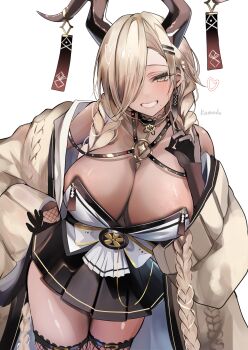 1girl absurdres asymmetrical_bangs azur_lane black_horns braid breasts brown_horns cardigan cleavage commentary dark-skinned_female dark_skin hands_on_own_hips heart highres horn_ornament horns huge_horns large_horns long_bangs long_hair low_twin_braids miniskirt mole mole_under_mouth owari_(azur_lane) pleated_skirt revision ribbed_cardigan riza_(tomoriza_25252) skirt smile solo strapless_kimono tassel twin_braids white_background
