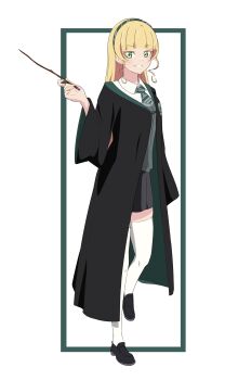1girl absurdres black_socks blonde_hair cloak full_body green_eyes green_necktie grey_skirt hairband harry_potter_(series) heanna_sumire highres hogwarts_school_uniform holding holding_wand hood hooded_cloak long_hair love_live! love_live!_superstar!! necktie school_uniform shirt skirt smile socks solo standing tabi139 teeth thighhighs wand white_shirt white_thighhighs wizarding_world