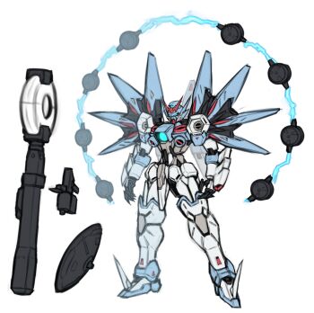 beam_cannon beam_gun commentary english_commentary full_body gundam gundam_aquarius gundam_build_divers gundam_build_divers_re:rise highres hololive hololive_indonesia mecha mecha_focus mercurius_suivant no_humans pinguinkotak redesign robot science_fiction sd_gundam sd_gundam_g-generation shield standing v-fin vayeate_suivant weapon white_background