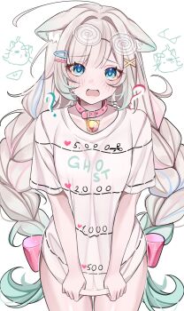 1girl ? absurdres ahoge animal_ear_fluff animal_ears bell blue_eyes blush braid breasts cat_ears cat_girl clothes_pull clothes_writing coke-bottle_glasses collar collarbone commentary confused cowboy_shot doodle_inset english_commentary eyewear_on_head glasses gradient_hair hair_intakes hair_ornament highres indie_virtual_youtuber jingle_bell long_hair looking_at_viewer mint_fantome mint_fantome_(otaku) multicolored_hair neck_bell official_alternate_costume official_alternate_hair_length official_alternate_hairstyle open_mouth parted_bangs pink_collar rosheil shirt shirt_pull short_sleeves simple_background small_breasts solo straight-on twin_braids twitter_cutting_game v_arms virtual_youtuber white_background white_hair white_shirt x_hair_ornament