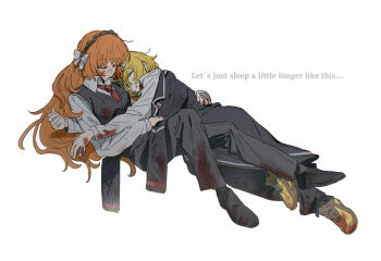 2girls black_jacket black_pants black_shoes black_vest blonde_hair blood blood_on_clothes blood_on_face bow brown_hairband closed_eyes collared_shirt cuddling don_quixote_(project_moon) english_text full_body hairband hashtag-only_commentary highres ishmael_(project_moon) jacket jacket_partially_removed limbus_company loafers long_hair long_sleeves lying multiple_girls necktie orange_hair pants parted_lips project_moon red_necktie shirt shoes short_hair simple_background sleeping sleeping_together uzr_akira vest wavy_hair white_background white_bow yellow_shoes yuri