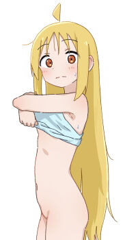 1girl absurdres ahoge alternate_hairstyle blush bocchi_the_rock! bottomless breasts commentary highres ijichi_nijika long_hair looking_at_viewer navel orange_eyes petite simple_background small_breasts solo stomach straight_hair sugidoritos sweatdrop undressing very_long_hair white_background
