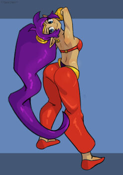 1girl ass blue_eyes bra breasts dark-skinned_female dark_skin earrings jewelry long_hair looking_at_viewer looking_back pants pointy_ears ponytail purple_hair shantae shantae_(series) simple_background triggerpigart underwear very_long_hair