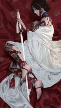 1girl absurdres barefoot black_hair closed_eyes dress headdress highres holding holding_sword holding_weapon lying on_bed on_side original red_sheet sang_delan sheath sheathed shin_guards sword weapon white_dress