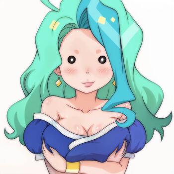 1girl ahoge aqua_hair blue_kimono blush bracelet breasts cleavage collarbone earrings grabbing_own_breast highres japanese_clothes jewelry kimono large_breasts long_hair looking_at_viewer maneko_(mashin_souzouden_wataru) mashin_eiyuuden_wataru mashin_souzouden_wataru o_o off-shoulder_kimono puffy_sleeves short_sleeves smile standing t_jiroo_(ringofriend) upper_body white_background