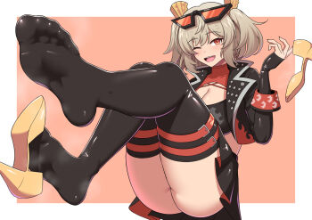 Rule 34 | 1girl, ass, blonde hair, breasts, burnice white, cleavage, eyewear on head, feet, foot focus, glasses, high heels, jacket, jkisaradu, legs, looking at viewer, one eye closed, open clothes, open jacket, open mouth, red eyes, short hair, simple background, skirt, soles, solo, steaming body, thighs, zenless zone zero