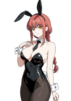 1girl absurdres alternate_costume animal_ear_hairband animal_ears bare_shoulders black_hairband black_leotard black_necktie black_pantyhose braid braided_ponytail breasts chainsaw_man closed_mouth commentary covered_navel cowboy_shot detached_collar fake_animal_ears fake_tail gubee hairband hand_on_own_chest highres large_breasts leotard long_hair looking_at_viewer makima_(chainsaw_man) necktie orange_eyes pantyhose playboy_bunny rabbit_ear_hairband rabbit_ears rabbit_tail red_hair ringed_eyes simple_background smile solo strapless strapless_leotard tail white_background white_wrist_cuffs wrist_cuffs
