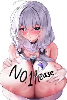 1girl absurdres areola_slip azur_lane bare_shoulders blue_eyes blush body_writing breasts chinese_commentary cleavage commentary_request deep_skin detached_collar elbow_gloves gigantic_breasts gloves hand_on_own_chest highres illustrious_(azur_lane) looking_at_viewer simple_background solo tufang upper_body white_background white_gloves white_hair