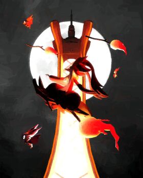 1other animal_ears animal_focus bat_(animal) black_fur broom broom_riding delphox fire flying full_moon furry gen_6_pokemon highres mega_delphox mega_pokemon moon multicolored_fur night night_sky nintendo noibat pokemon pokemon_(creature) pokemon_focus prism_tower red_fur rivalclay sky