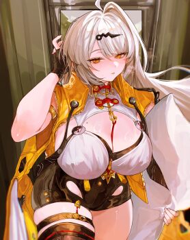 1girl absurdres ahoge armlet asymmetrical_gloves black_gloves black_unitard blush breasts cleavage commentary_request elbow_gloves fingerless_gloves gloves grey_hair hair_between_eyes hair_ornament hairpin hand_up highres indoors jacket jewelry large_breasts long_hair looking_at_viewer mole mole_on_breast orange_eyes single_elbow_glove single_hair_intake single_thighhigh thighhighs uneven_gloves yellow_jacket yin_yang_pin yixuan_(zenless_zone_zero) yuki_flourish zenless_zone_zero