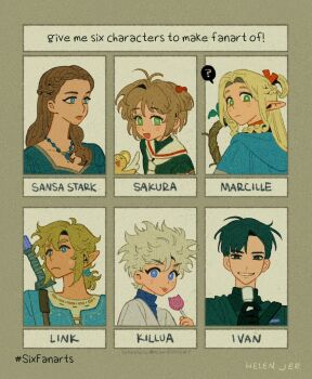 3boys 3girls a_song_of_ice_and_fire alien_stage antenna_hair aqua_tunic artist_name bead_necklace beads black_gloves black_hair black_shirt blonde_hair blue_cloak blue_dress blue_eyes blue_shirt braid brown_hair candy cardcaptor_sakura cloak closed_mouth dress dungeon_meshi elf food frown game_of_thrones gloves green_eyes grey_hair grin hair_between_eyes hair_bobbles hair_ornament hair_ribbon hair_tie helen_jee holding holding_candy holding_food holding_lollipop holding_staff hood hood_down hunter_x_hunter ivan_(alien_stage) jacket jewelry kero_(cardcaptor_sakura) killua_zoldyck kinomoto_sakura link lollipop low_ponytail marcille_donato master_sword multiple_boys multiple_drawing_challenge multiple_girls neckerchief necklace nintendo open_mouth parted_bangs pointy_ears ponytail portrait red_ribbon ribbon sailor_collar sansa_stark shirt short_hair side_braid sidelocks six_fanarts_challenge smile staff sweatdrop teeth the_legend_of_zelda the_legend_of_zelda:_breath_of_the_wild tongue tongue_out tunic twin_braids upper_body weapon weapon_on_back white_jacket white_neckerchief white_sailor_collar