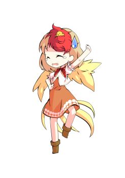 1girl animal animal_on_head baby_animal bird bird_tail blonde_hair boots brown_boots chibi chibi_only chick commentary_request dairi dress feathered_wings full_body large_variant_set multicolored_hair neckerchief niwatari_kutaka on_head orange_dress puffy_short_sleeves puffy_sleeves red_hair red_neckerchief shirt short_hair short_sleeves solo standing standing_on_one_leg tachi-e tail touhou transparent_background two-tone_hair variant_set white_shirt wings