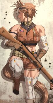 1girl american_flag animal_ears arm_strap boots breast_pocket brown_boots brown_eyes brown_gloves brown_hair carrot_print commentary english_commentary food_print gloves gun highres holding holding_gun holding_weapon horse_ears horse_girl horse_tail indie_virtual_youtuber multicolored_hair muscular muscular_female pocket rifle shadow solo star_(symbol) tail thighhighs tomoe_umari tomoe_umari_(umari_3.0) torn_clothes torn_sleeves torn_thighhighs two-tone_hair virtual_youtuber vnphecan weapon white_hair