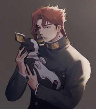 1boy animal black_jacket boston_terrier buttoned_cuffs buttons collared_jacket dog gakuran highres holding holding_animal holding_dog iggy_(jojo) jacket jojo_no_kimyou_na_bouken kakyoin_noriaki kookirani looking_at_animal male_focus medium_hair parted_hair parted_lips red_hair school_uniform stardust_crusaders upper_body