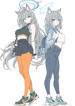 2girls alternate_costume backpack bag black_pants black_shoes black_skirt blue_archive blue_halo blue_shoes breasts bright_pupils commentary cross_hair_ornament full_body grey_bag grey_hair hair_ornament halo highres long_hair looking_at_viewer medium_breasts midriff mismatched_pupils multiple_girls orange_pantyhose pants pantyhose shiroko_(blue_archive) shiroko_terror_(blue_archive) shoes short_hair simple_background skirt sneakers solo symbol-only_commentary t1kosewad very_long_hair white_background white_pupils