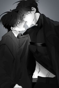 2boys abs black_coat black_hair black_shirt blush clothes_grab coat collared_shirt commentary_request forehead-to-forehead hayu_beck heads_together highres kim_dokja kiss korean_commentary looking_at_another male_focus monochrome multiple_boys omniscient_reader&#039;s_viewpoint saliva saliva_trail shirt shirt_grab short_hair stomach tongue tongue_out yaoi yoo_joonghyuk