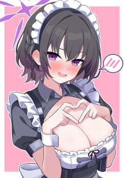 1girl absurdres black_dress black_hair blue_archive blush breasts buckle cleavage collarbone collared_dress commentary_request dress gradient_hair hair_between_eyes halo heart heart_hands highres intron large_breasts looking_at_viewer maid mole mole_on_neck multicolored_hair nose_blush official_alternate_costume open_mouth puffy_short_sleeves puffy_sleeves purple_eyes purple_hair purple_halo short_braid short_hair short_sleeves sidelocks snap-fit_buckle solo spoken_blush standing subaru_(blue_archive) sweat two-tone_hair upper_body variant_set white_wrist_cuffs wrist_cuffs