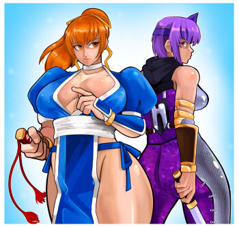 2girls ass ayane_(doa) bare_shoulders bodysuit breasts brown_hair cleavage dead_or_alive kasumi_(doa) large_breasts lips long_hair looking_back multiple_girls ninja pelvic_curtain pepperoni-ravioli purple_hair red_eyes short_hair short_sleeves siblings sisters sleeveless sword weapon