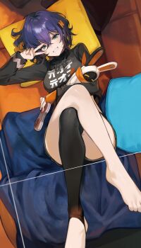 1girl absurdres bangboo_(zenless_zone_zero) barefoot belle_(zenless_zone_zero) black_shirt black_thighhighs blue_hair controller couch crossed_bangs crossed_legs feet fingerless_gloves game_controller gloves goomrrat green_eyes highres legs looking_at_viewer lying no_shoes on_back on_couch orange_gloves shirt short_hair single_fingerless_glove single_leg_pantyhose smile solo stirrup_legwear thighhighs toeless_legwear toes v zenless_zone_zero