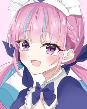 Rule 34 | 1girl, ahoge, anchor print, anchor symbol, badiao, blue bow, blue dress, blue hair, blush, bow, braid, breasts, colored inner hair, commentary request, dress, hair ribbon, highres, hololive, long hair, maid headdress, minato aqua, minato aqua (1st costume), multicolored hair, pink background, purple eyes, ribbon, smile, solo, twintails, two-tone hair, virtual youtuber