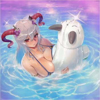 1girl absurdres bikini blue_eyes breasts cleavage colored_inner_hair commentary_request curled_horns fire_emblem fire_emblem_heroes freyja_(fire_emblem) freyja_(summer)_(fire_emblem) goat_horns grey_hair highres horns large_breasts long_hair multicolored_hair nintendo official_alternate_costume partially_submerged red_eyes red_horns solo swimsuit two-tone_hair very_long_hair water white_bikini yasopery