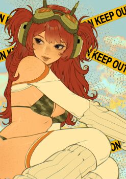 1girl absurdres artist_name bikini breasts camouflage camouflage_bikini caution_tape commentary commission english_commentary facing_viewer feet_out_of_frame freckles goggles goggles_on_head green_bikini headphones highres keep_out leg_warmers long_hair looking_to_the_side medium_breasts original parted_lips red_hair shrug_(clothing) sideways_glance solo swimsuit thighhighs white_arm_warmers white_leg_warmers white_shrug white_thighhighs yiiande