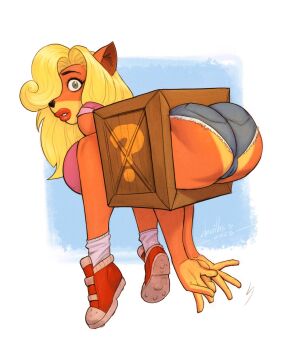1girl ass blonde_hair breasts crash_bandicoot_(series) crate denim denim_shorts devilhs furry furry_female green_eyes hair_over_one_eye highres large_breasts long_hair looking_at_viewer looking_back micro_shorts orange_fur pink_shirt red_lips red_shoes shirt shoes short_sleeves shorts signature sneakers socks solo stuck tawna_bandicoot white_socks
