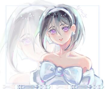 Rule 34 | 1girl, alien stage, bare shoulders, black hair, bow, chest bow, commentary, corrupted twitter file, dress, earrings, english commentary, hair between eyes, hairband, highres, jewelry, off-shoulder dress, off shoulder, parted lips, pearl earrings, purple eyes, rymar art, short hair, signature, smile, sua (alien stage), white bow, white dress, white hairband, zoom layer