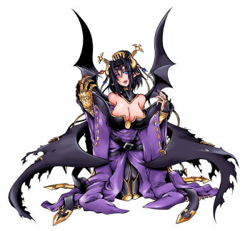 1girl bandai bare_shoulders bat_(animal) bat_(symbol) bat_wings black_hair black_wings blue_eyes breasts bridal_gauntlets bustier claws demon_girl detached_collar detached_sleeves digimon digimon_crusader eyeshadow facial_mark female_focus hair_bun hair_ornament horns kneeling large_breasts lilithmon lipstick makeup multiple_wings nail_polish official_art open_mouth pointy_ears seven_great_demon_lords sharp_nails shawl simple_background single_hair_bun skirt smile solo tattoo thighhighs white_background wings
