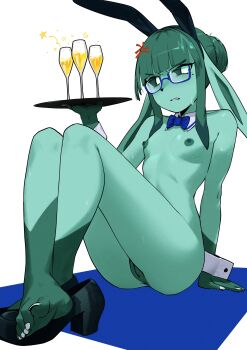 1girl absurdres anger_vein animal_ear_hairband animal_ears bare_legs black_shoes blue-framed_eyewear champagne_flute colored_skin commentary cup drinking_glass english_commentary fake_animal_ears feet furry furry_female gen_4_pokemon glaceon glasses green_hair green_skin hair_bun hairband highres holding holding_plate kambingoats looking_at_viewer mole mole_under_eye nintendo nipples nude plate pokemon pussy rabbit_ear_hairband rabbit_ears shoes sidelocks single_shoe sitting solo sweat teeth white_background white_nails white_wrist_cuffs wrist_cuffs