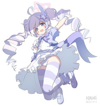 1girl :d absurdres arm_up artist_name blue_archive bow bowtie curly_hair dot_nose dress drill_hair feather_hair_ornament frilled_dress frilled_gloves frilled_skirt frills gloves hair_ornament halo hand_up highres loli long_hair looking_at_viewer magical_girl mary_janes multicolored_hair n3moni open_mouth panties pink_bow purple_bow purple_bowtie purple_halo purple_shoes purple_shrug purple_thighhighs reisa_(blue_archive) reisa_(magical)_(blue_archive) shirt shirt_bow shoes short_sleeves shrug_(clothing) skirt smile solo star_(symbol) star_hair_ornament star_halo striped_clothes striped_thighhighs thighhighs thighs twin_drills twintails underwear very_long_hair white_gloves white_panties white_shirt winged_shoes wings zettai_ryouiki