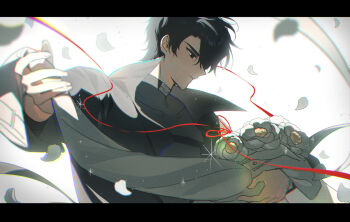 1boy black_coat black_eyes black_hair coat commentary elzfbrvsnr30247 english_commentary falling_petals flower_request highres holding holding_unworn_clothes kim_dokja letterboxed looking_at_viewer omniscient_reader&#039;s_viewpoint open_clothes open_coat outstretched_arm petals plantification popped_collar serious short_hair solo string string_of_fate white_coat yoo_joonghyuk