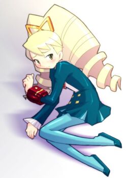 1girl blonde_hair blue_dress blue_pantyhose blush bow dress drill_hair green_eyes grey_background hair_bow long_hair luna_platz_(mega_man) mega_man_(series) mega_man_star_force_(series) pantyhose simple_background twin_drills very_long_hair yoshi_(crossmind)