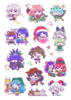 6+girls bird black_hair blue_hair brown_hair butterfly_wings chibi cowboy_hat crescent doremy_sweet dragon dress eagle eating eternity_larva feathered_wings haniyasushin_keiki hat hecatia_lapislazuli highres himekaidou_hatate holding holding_phone horse_girl horse_tail ibaraki_kasen insect_wings joutouguu_mayumi kaoling kishin_sagume kurokoma_saki looking_at_viewer lunasa_prismriver lyrica_prismriver merlin_prismriver mononobe_no_futo multicolored_clothes multiple_drawing_challenge multiple_girls nagae_iku phone purple_dress red_eyes red_hair shirt single_wing smile soga_no_tojiko tail tenkajin_chiyari tenkyuu_chimata tokin_hat touhou twintails white_background white_shirt wings yomotsu_hisami yumemi_riamu