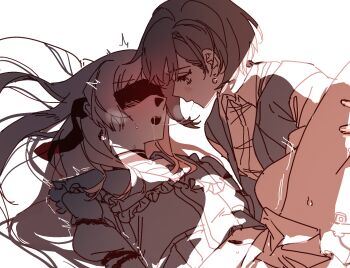 2girls after_kiss bang_dream! bang_dream!_it's_mygo!!!!! blue_jacket blush brown_eyes chihaya_anon commentary_request grey_hair jacket lolitesapphire long_hair multiple_girls open_mouth pink_hair pointy_ears remote_control_vibrator saliva saliva_trail sex_toy shirt short_hair simple_background takamatsu_tomori vibrator white_background white_shirt yuri