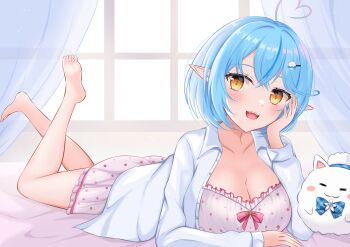 1girl ahoge arlonn bare_shoulders barefoot bed blue_hair blush breasts camisole collarbone collared_shirt commentary_request elf full_body hair_between_eyes hair_ornament hand_on_own_cheek hand_on_own_face heart heart_ahoge highres hololive large_breasts long_hair looking_at_viewer lying navel official_alternate_costume on_stomach open_clothes open_mouth open_shirt pink_trim pointy_ears polka_dot polka_dot_camisole polka_dot_skirt shirt short_hair skirt sleepwear smile solo very_long_hair virtual_youtuber white_camisole white_shirt white_skirt yellow_eyes yukihana_lamy yukihana_lamy_(roomwear) yukimin_(yukihana_lamy)