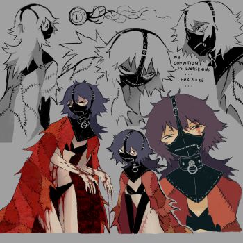 1girl black_bra black_collar black_mask black_panties blood blood_on_hands blood_on_leg bra cape collar english_text eyeball grey_background guro highres jejejunum jejenum_(jejejunum) long_hair mask original panties purple_hair red_cape scar scar_across_eye scar_on_face sketch underwear zipper