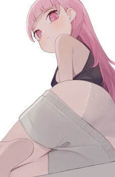 1girl black_shirt breasts clothes_pull commentary commentary_request highres hiroki_(yyqw7151) long_hair looking_at_viewer original panties panties_under_shorts parted_lips partial_commentary pink_eyes pink_hair shirt shorts shorts_pull simple_background sleeveless sleeveless_shirt small_breasts solo underwear white_background white_panties white_shorts