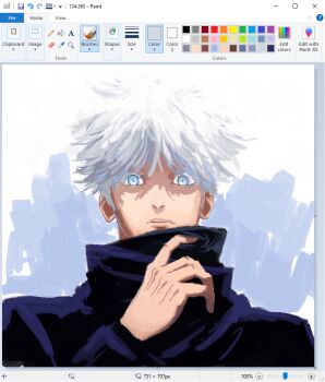 1boy art_program_in_frame blue_eyes christian_young commentary gojou_satoru hand_up jujutsu_kaisen jujutsu_tech_uniform looking_at_viewer male_focus microsoft_paint_(medium) microsoft_paint_(software) parted_lips partially_shaded_face portrait screencap short_hair solo straight-on symbol-only_commentary white_hair wide-eyed