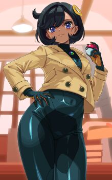 1girl :3 aurelius_(pvxj4842) black_bodysuit black_gloves black_hair blush bodysuit bodysuit_under_clothes book book_stack breasts brown_jacket closed_mouth commentary contrapposto covered_navel cowboy_shot dark-skinned_female dark_skin emma_(pokemon) english_commentary from_below gloves hair_between_eyes hair_ornament hand_on_own_hip hand_up highres holding holding_poke_ball indoors jacket lamp latex latex_bodysuit long_sleeves looking_at_viewer mega_stone mixed-language_commentary nintendo orange_gloves poke_ball poke_ball_(basic) pokemon pokemon_legends:_z-a purple_eyes short_hair sidelocks skin_tight small_breasts smile solo standing swept_bangs table two-tone_gloves window