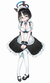 1girl :/ absurdres alternate_costume animal_ear_fluff animal_ears apron artist_name averting_eyes back_bow black_bow black_dress black_eyes black_shoes black_wrist_cuffs blue_archive blue_bow blue_bowtie blue_halo blue_ribbon blunt_ends blush bob_cut bow bowtie breasts bright_pupils cat_ears cat_girl cleavage closed_mouth commentary dated dress enmaided eyelashes frilled_apron frilled_dress frilled_sleeves frilled_wrist_cuffs frills frown full_body halo highres kikyou_(blue_archive) looking_at_viewer looking_to_the_side maid maid_apron maid_headdress mary_janes medium_breasts medium_dress pantyhose puffy_short_sleeves puffy_sleeves ribbon ribbon_between_breasts shangdi_de_fa_zhang shoes short_hair short_sleeves shy simple_background sitting solo sweatdrop tsurime v_arms white_apron white_background white_pantyhose white_pupils wrist_cuffs