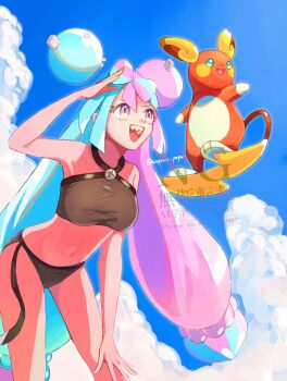 1girl adapted_costume alolan_form alolan_raichu aqua_hair arm_up bent_over bikini bow-shaped_hair breasts character_hair_ornament cloud commentary_request day gen_7_pokemon hair_ornament happy highres iono_(pokemon) long_hair multicolored_hair nintendo outdoors pink_hair pokemon pokemon_(creature) pokemon_sv sky swimsuit twintails twitter_username two-tone_hair watermark woppero_prpr