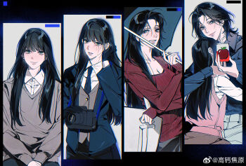 2girls aqua_eyes black_hair blue_jacket blue_necktie camera camera_around_neck collared_shirt column_lineup crying crying_with_eyes_open gil_somyung gloves grey_sweater hashtag-only_commentary highres holding holding_juice_box holding_pointer hug jacket juice_box like_mother_like_daughter long_hair long_sleeves looking_at_viewer m_omoo medium_hair mother_and_daughter multiple_girls necktie parted_lips pink_sweater_vest pointer red_shirt school_uniform shirt smile somyung&#039;s_mother_(like_mother_like_daughter) sweater sweater_vest tears watermark weibo_username weibo_watermark white_shirt