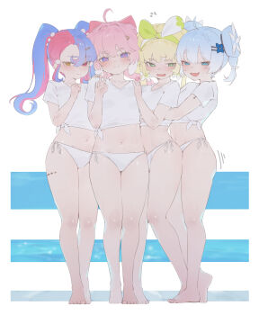 4girls absurdres ahoge ass bare_legs barefoot bikini blonde_hair blue_eyes blue_hair blush closed_mouth commentary cropped_shirt encore_(wuthering_waves) fang feet flat_chest flower green_eyes hair_between_eyes hair_flower hair_ornament hair_ribbon hairpin half-closed_eyes heterochromia highres hug hug_from_behind loli long_hair low_twintails multicolored_hair multiple_girls navel open_mouth pink_hair pink_pupils purple_eyes ribbon roccia_(wuthering_waves) shirt short_hair short_sleeves skin_fang smirk smug swimsuit thighs tied_shirt toes twintails v verina_(wuthering_waves) white_shirt wuthering_waves xaea_xp yellow_eyes yellow_pupils youhu_(wuthering_waves)