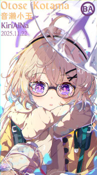 1girl absurdres ahoge artist_name black_hairband blonde_hair blue_archive blush character_name coat commentary dated glasses hair_ornament hairband halo highres kiriaina kotama_(blue_archive) kotama_(camp)_(blue_archive) long_hair looking_at_viewer official_alternate_costume open_mouth purple_eyes purple_halo scarf simple_background solo upper_body white_background white_scarf x_hair_ornament yellow_coat