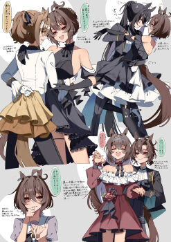 4girls absurdres agnes_tachyon_(umamusume) ahoge alternate_costume alternate_hairstyle bare_shoulders black_dress black_gloves black_jacket black_pants braid braided_ponytail brown_eyes brown_hair character_request closed_eyes detached_sleeves dress elbow_gloves gloves hair_between_eyes high_heels highres horse_girl horse_tail jacket jungle_pocket_(umamusume) koroeda6 long_hair looking_at_another manhattan_cafe_(umamusume) multiple_girls off-shoulder_dress off_shoulder open_mouth pants ponytail purple_shirt red_dress red_eyes sailor_collar school_uniform shirt shoes short_hair short_sleeves skirt smile tail tango tiara tracen_school_uniform umamusume white_gloves white_sailor_collar white_shirt white_shoes wolf_cut yellow_skirt yuri