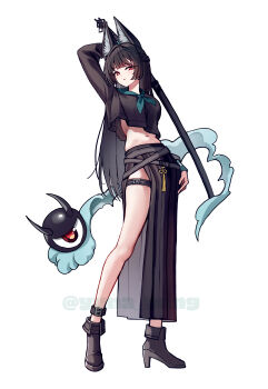Rule 34 | 1girl, absurdres, alternate costume, animal ears, arm behind head, arm up, black hair, black serafuku, black shoes, black skirt, breasts, commentary request, crop top, crop top overhang, fox ears, fox girl, full body, high heels, highres, holding, holding sword, holding weapon, hoshimi miyabi, katana, long hair, long skirt, long sleeves, looking at viewer, medium breasts, midriff, navel, neckerchief, parted lips, red eyes, revision, school uniform, serafuku, sheath, sheathed, shoes, side slit, simple background, skirt, solo, standing, stomach, sword, tailless (zenless zone zero), thigh strap, thighs, very long hair, weapon, white background, yuna (deadawon), zenless zone zero