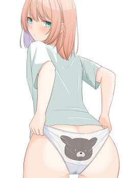 1girl absurdres adjusting_clothes adjusting_panties animal_print aqua_eyes ass back-print_panties bear_panties bear_print blush closed_mouth colored_inner_hair commentary cowboy_shot crotch_seam from_behind highres keisuke309 looking_at_viewer looking_back multicolored_hair no_pants original panties panty_lift pink_hair print_panties shirt short_hair short_sleeves simple_background solo standing turning_head underwear untranslatable_commentary wet wet_clothes wet_panties white_background white_panties white_shirt