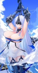 Rule 34 | 1girl, absurdres, alsace (azur lane), armored legwear, armpits, arms up, azur lane, bare shoulders, belt, between breasts, black belt, black gloves, black thighhighs, black tiara, blue hair, blue ribbon, blue sky, bound, bound arms, breast strap, breastless clothes, breasts, burning lettuce, cleavage, closed mouth, cloud, collarbone, commentary, cowboy shot, day, detached collar, dress, eye mask, gauntlets, gloves, hair ornament, highres, holding, holding staff, large breasts, long hair, outdoors, parted bangs, revealing clothes, ribbon, sidelocks, skindentation, sky, solo, staff, standing, strap between breasts, thighhighs, tiara, underbust, very long hair, white dress, zettai ryouiki
